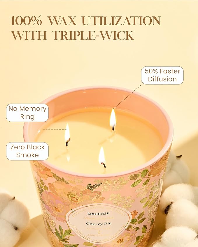 M&SENSE Cherry Pie Scented Candle, 28.2oz 3 Wick Natural Soy Wax Large Candles, Long Lasting Clean Slow Burning No Toxic Décor for Home Relaxation, Romantic Dates & Gift-Giving
