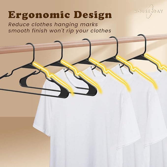 HOUSE DAY Plastic Hangers 100 Pack - Adult Clothes Hangers Black - Space Saving, Non-Slip, Durable & Sturdy Hanger with Shoulder Grooves for Closet, Perfect Slim Coat Hanger - Ganchos para Colgar Ropa