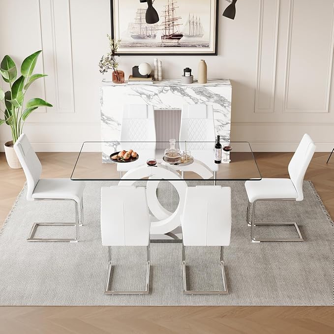 63'' Glass Dining Table Set for 6, Kitchen Table Chairs Set of 6, Clear Glass Dining Table with White unique design Leg and Silver Metal Base, 6 PU Dining Chairs with Metal Legs, Living Room, Kitchen.