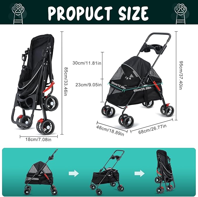 Pet Stroller,4 Wheels Outdoor Travel Pet Folding Stroller,Cat Strollers w/Removable Carrier,Dog Cat Cage Strollers with Cup Holder,Breathable and Visible Mesh for Medium Small Dog 1 Set