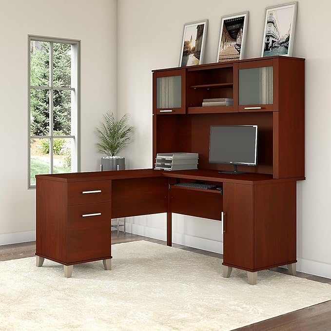 Bush Furniture Somerset 60W L Shaped Desk with Hutch in Hansen Cherry