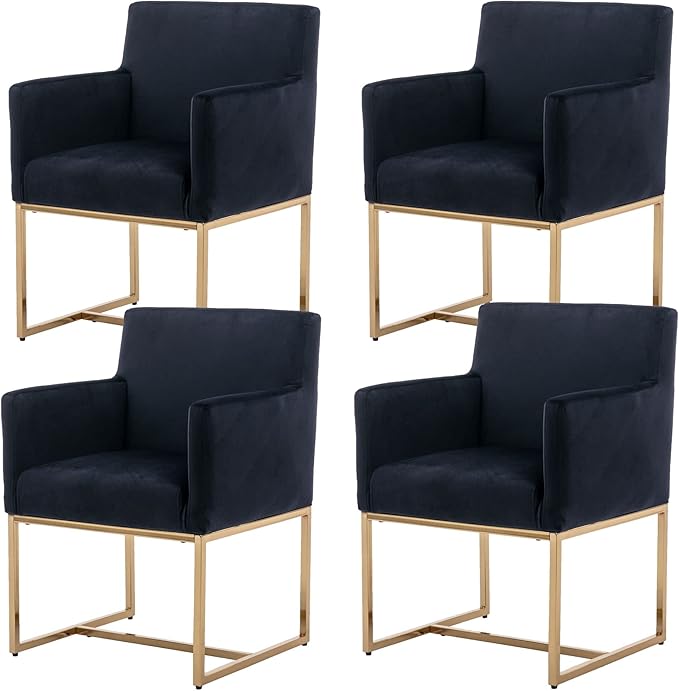 Set of 4 Upholstered Velvet Dining Chairs with Armrest, Mid Century Modern Accent Armchairs, Modern Kitchen & Dining Room Chairs with Gold Frame, Black