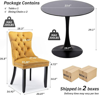 SoarFlash Kitchen Table and Chairs for 2, 24" Dining Table Set for 2 with Velvet Upholstered Chairs, 3 Piece Round Kitchen Table Set, Dining Room Table Set for Small Space, Apartment