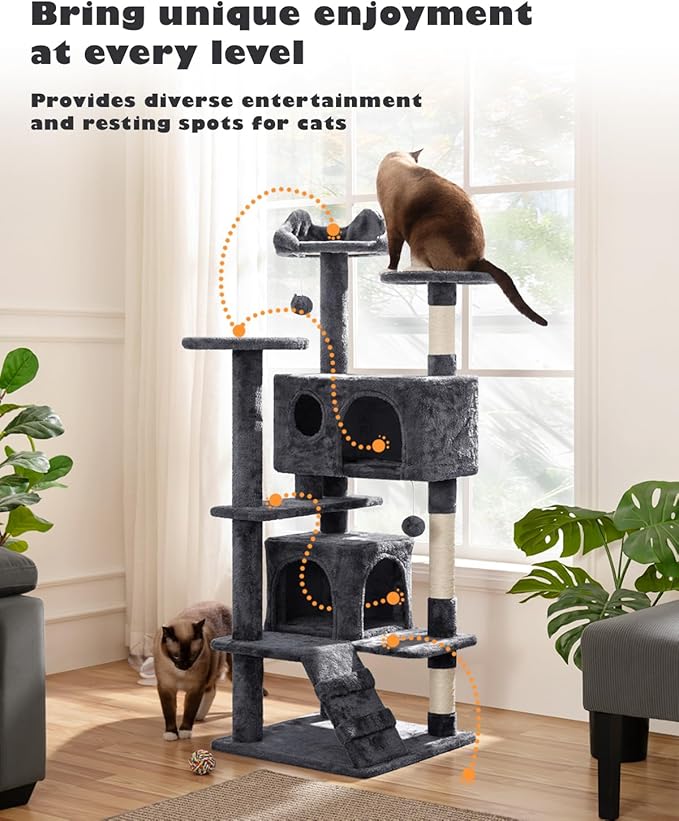 Yaheetech 54in Cat Tree, Multi-Level Cat Tower with Spacious Kitten-ear Perch, 2 Cozy Caves, Scratching Posts, Climbing Ladder, 2 Plush Balls, Durable Pet House Furniture for Indoor Kittens, Dark Gray