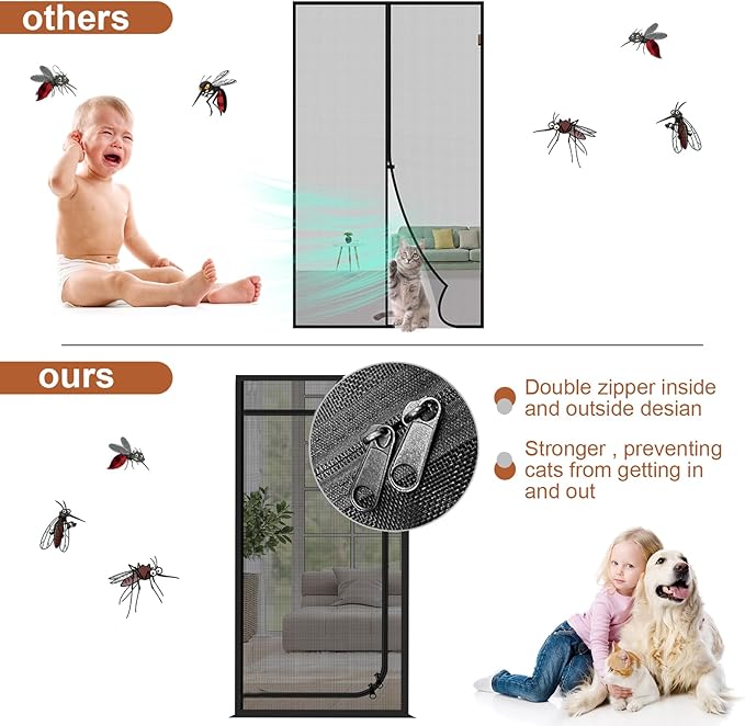Upgraded Reinforced Pet Screen Door Thickened Cat Resistant Mesh Screen Door for Living Room, Bedroom, Patio, Dog Cat Scratch Proof Screen with Zipper Closure (Fits Door Size up to 36''x 82'', Black)