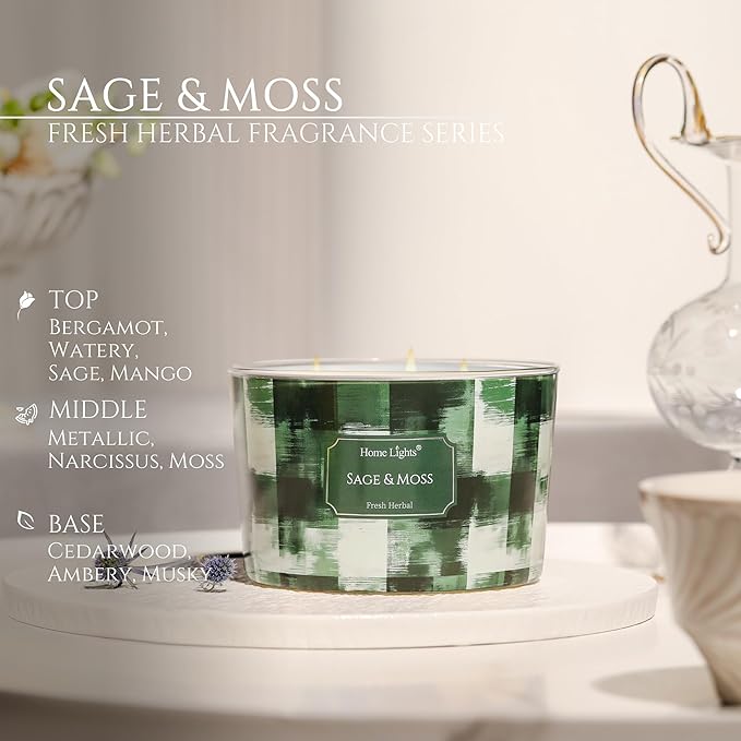 HomeLights Scented Candles for Women & Men, 18oz Candle Jars Aromatherapy 4-Wick Candle, Ideal for Scandinavian Minimalist Design Home Decor and Gifts, Sage & Moss