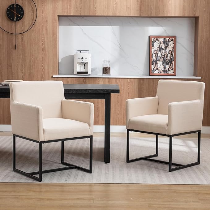 Linen Upholstered Dining Chairs with Arms Set of 2 Mid Century Modern Accent Chairs Armchairs with Black Metal Frame, Modern Kitchen & Dining Room Chairs, Cream