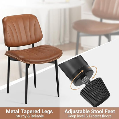 Dining Chairs Set of 2, Mid-Century Modern Upholstered PU Leather Chairs with Walnut Bentwood Back and Metal Legs Adjustable Feet for Kitchen Dining Room, Camel Shell Strips