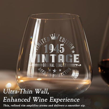 Crystal Burgundy Wine Glasses Cup Red Long Stem White Personalized Cute Large Women 80th Birthday Gifts for Her 80 Years Old Best 1945 Funny Cool Friend Gift Unique Birthday Party Decorations