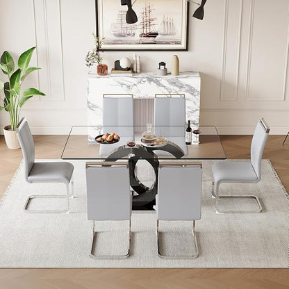 63'' Glass Dining Table Set for 6, Kitchen Table Chairs Set of 6, Clear Glass Dining Table with Black unique design Leg and Silver Metal Base, 6 PU Dining Chairs with Metal Legs, Living Room, Kitchen.