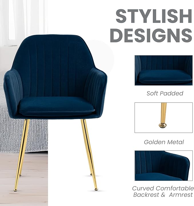 ECOTOUGE Matte Velvet Dining Chairs Set of 2, Modern Arm Chair with Golden Metal Legs, Living Room Accent Chairs for Kitchen, Blue