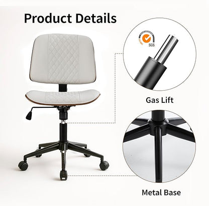 Small Home Office Chair - Armless Mid Back Desk Chair with 360° Swivel and Wheels, PU Upholstered Height Adjustable Modern Walnut Computer Chair for Home, Office Meeting Room - White