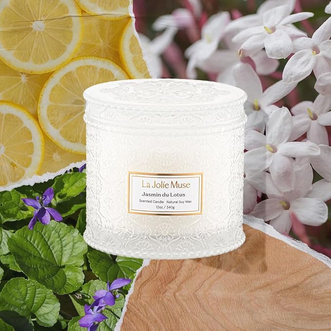 LA JOLIE MUSE Jasmin du Lotus Candle - Ivy, Jasmine, Cedarwood | 12 oz Large 2-Wick Soy Wax Candle | 60 Hours Clean Burn | Floral Scented Candle | Gift-Ready for Hosts & Gatherings
