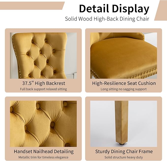 Luxury Upholstered Dining Chairs Set of 2, Yellow Kitchen Chair with Golden Metal Legs, Velvet Tufted Back Dining Chair, Sillas de Comedor, Modern Kitchen & Dining Room Chairs (Gold, 2 Pcs)