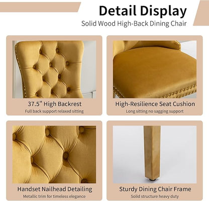 Luxury Upholstered Dining Chairs Set of 2, Yellow Kitchen Chair with Golden Metal Legs, Velvet Tufted Back Dining Chair, Sillas de Comedor, Modern Kitchen & Dining Room Chairs (Gold, 2 Pcs)