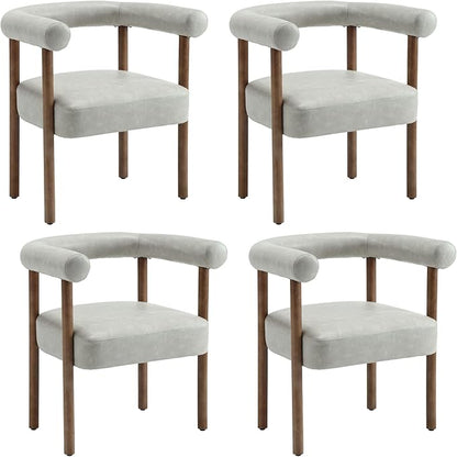 Mid-Century Modern Dining Chairs Set of 4, Armrest Barrel Dining Chairs Side Accent Chairs with Curved Back, Upholstered Wood Armchairs for Kitchen, PU Leather Grey
