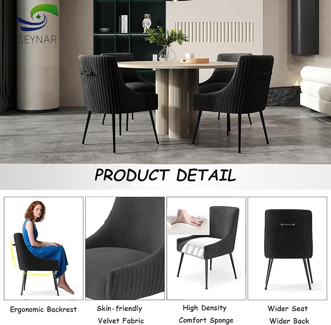 Velvet Dining Chairs Set of 8,Black Upholstered Living Room Chairs with Black Metal Legs, Modern Tufted Accent Chairs for Living Room, Study Room, Kitchen