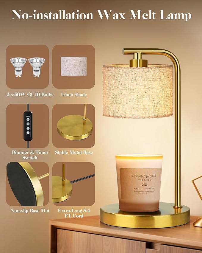 Candle Warmer Lamp with Timer Dimmer, Candle Lamp Warmer with Linen Shade - Birthday House Warming Gift for Women Mom Her - New Home Decor for Bedroom with 2 Bulbs (Gold)