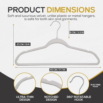 Premium Velvet Hangers 50 Pack Ultra Thin Non Slip Adult Felt Space Saving Suit Hanger for Closet Heavy Duty Coat Pants Jackets Dress Hangers 360° Swivel Hook Hold Upto 10 lbs Silver Birch