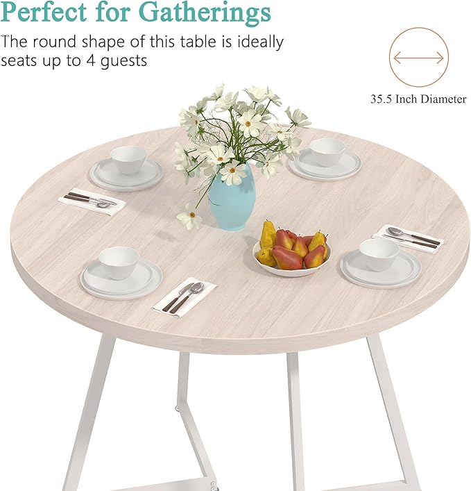 VECELO 35” Round Dining Table Set with 4 Cushioned Padded Chairs for Kitchen, Breakfast Nook, or Living Room, Wood-Grain Tabletop & Heavy-Duty Steel Frame, Easy Assembly, Natural Wood