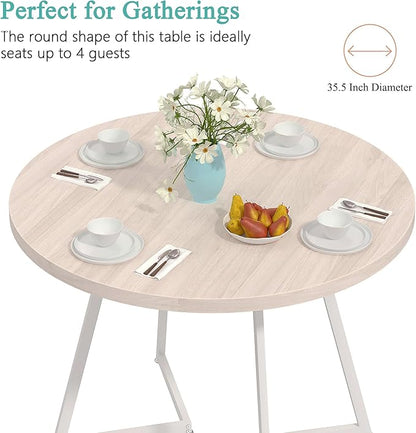VECELO 35” Round Dining Table Set with 4 Cushioned Padded Chairs for Kitchen, Breakfast Nook, or Living Room, Wood-Grain Tabletop & Heavy-Duty Steel Frame, Easy Assembly, Natural Wood
