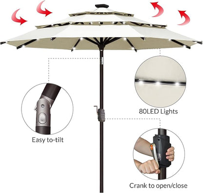 EliteShade USA 10-Year-Non-Fading Solar 9ft 3 Tiers Market Umbrella with 80 LED Lights Patio Umbrellas Outdoor Table with Ventilation,Natural