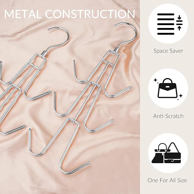 ZEDODIER Purse Organizer for Closet, 3 Pack Rotatable Sturdy Purse Hanger Bag Rack with 18 Hooks, Space Saving Handbag Backpack Holder, Closet Organizers and Storage, Silver