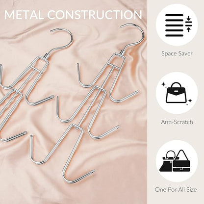 ZEDODIER Purse Organizer for Closet, 3 Pack Rotatable Sturdy Purse Hanger Bag Rack with 18 Hooks, Space Saving Handbag Backpack Holder, Closet Organizers and Storage, Silver