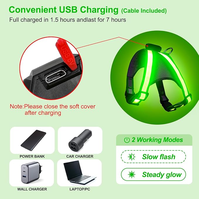 Visinite LED Dog Harness, USB Rechargeable Light Up Dog Vest, 2 Illuminate Modes Glow in The Dark Dog Harness, Adjustable Lighted Pet Harness Light for Night Walking Safety (Green, M)