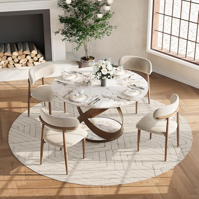 POVISON 51" Modern Round Dining Table, Pandora Round Kitchen Table for 4, Sintered Stone Dining Room Table top with Bronze X Carbon Steel Base (Dining Table Only)