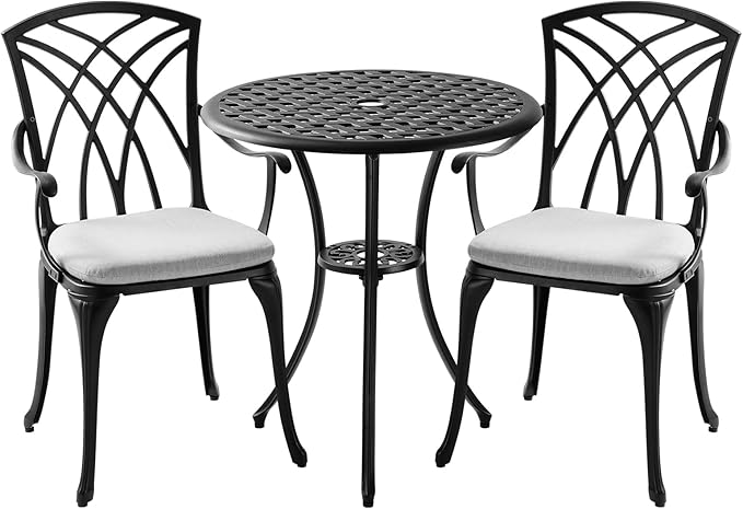 3 Piece Patio Bistro Set with Cushions, Outdoor Bistro Table and Chairs Set of 2 with Umbrella Holes, All Weather Bistro Table Set for Garden Porch Pools