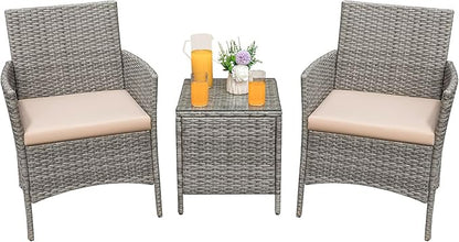 Greesum 3 Pieces Patio Furniture Sets Outdoor PE Rattan Wicker Chairs with Soft Cushion and Glass Coffee Table for Garden Backyard Porch Poolside, Gray and Beige