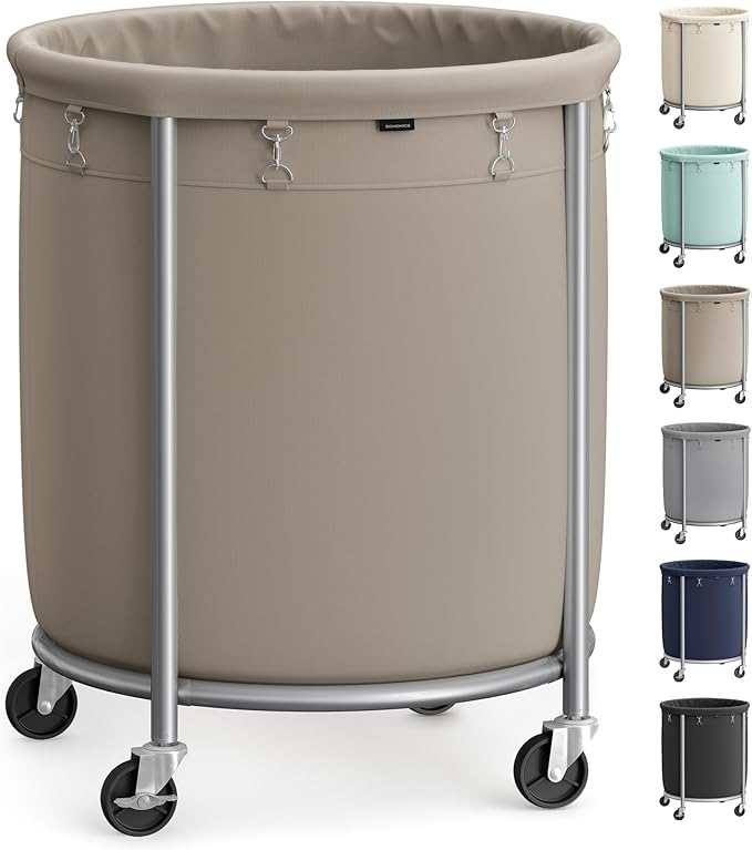 SONGMICS 50.2-Gallon (190 L) Laundry Basket with Wheels, Rolling Round Heavy-Duty Laundry Hamper Cart with Steel Frame and Removable Bag, 2 Locking Wheels, Camel Brown and Metallic Silver URLS001N01