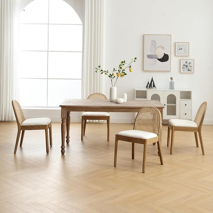 HEAH-YO Rattan Dining Chairs Set of 6, Upholstered Sherpa Dining Room Chairs with Backrests, Modern Kitchen Chairs with Wood Legs for Dining Room, White