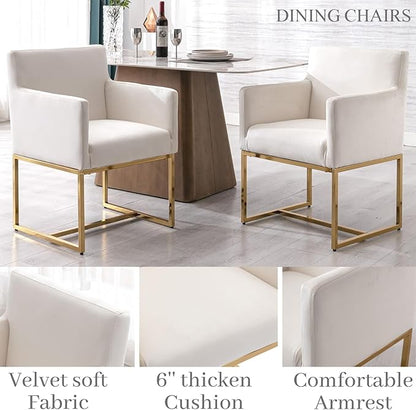 Upholstered Dining Chairs with Arms Set of 2 Mid Century Modern Accent Chairs Armchairs with Gold Metal Frame, Velvet Modern Kitchen & Dining Room Chairs, Cream