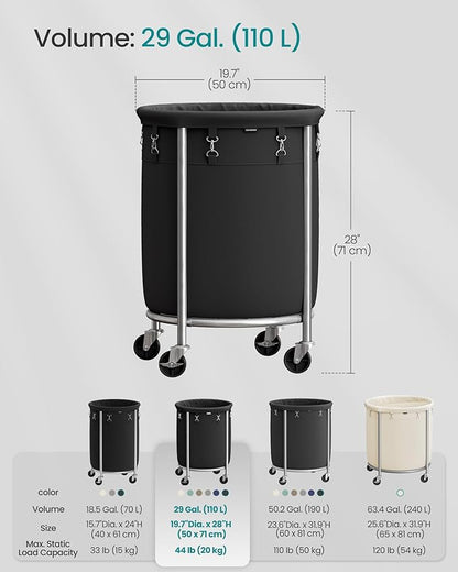 SONGMICS 29-Gallon (110 L) Laundry Basket with Wheels, Rolling Round Heavy-Duty Laundry Hamper Cart with Steel Frame and Removable Bag, 2 Locking Wheels, Ink Black and Metallic Silver URLS002B01