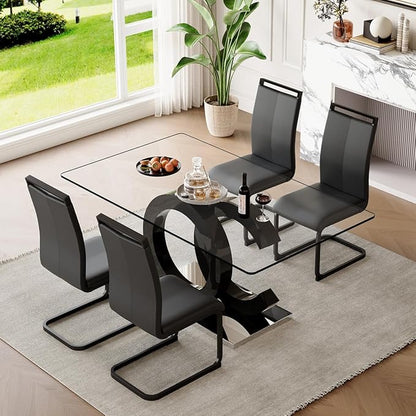 63'' Glass Dining Table Set for 4, Kitchen Table Chairs Set of 4, Clear Glass Dining Table with Black unique design Leg and Silver Metal Base, 4 PU Dining Chairs with Metal Legs, Living Room, Kitchen.