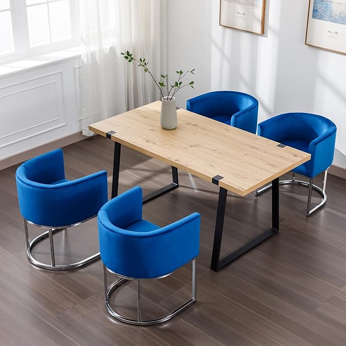 Velvet Dining Chairs Set of 4 Modern Barrel Arm Chairs with Chrome Metal Frame, Upholstered Kitchen Chairs 18.5" Wide Accent Chairs for Living Room Dining Room Restaurant, Blue