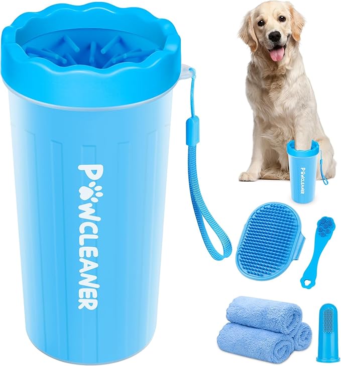 Professional 7 in 1 Dog Paw Cleaner for Dogs & Cats - Includes 1 Portable Paw Washer, 1 Bath Brush, 2 Dog Toothbrushes and 3 Absorbent Towels Note: Fits Paws 2.5 to 3.5 Inches Wide (Large, Blue)