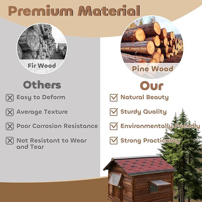 Luxury Pine Wood Dog House Outdoor for Large Breed Dogs with Weatherproof Asphalt Roof,Removable Floor,Lockable Door,Adjust Windows,Dog Kennel Outside Easy to Clean