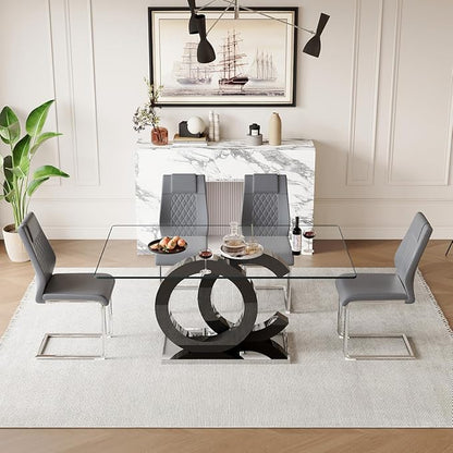 63'' Glass Dining Table Set for 4, Kitchen Table Chairs Set of 4, Clear Glass Dining Table with Black unique design Leg and Silver Metal Base, 4 PU Dining Chairs with Metal Legs, Living Room, Kitchen.