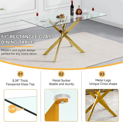 Goujxcy Glass Dining Table Set for 6, Modern Kitchen Table and Chairs Set of 6, 7-Piece Kitchen Dining Room Table Set w/51 Glass Gold Dining Table and 6 Black Velvet Upholstered Chairs