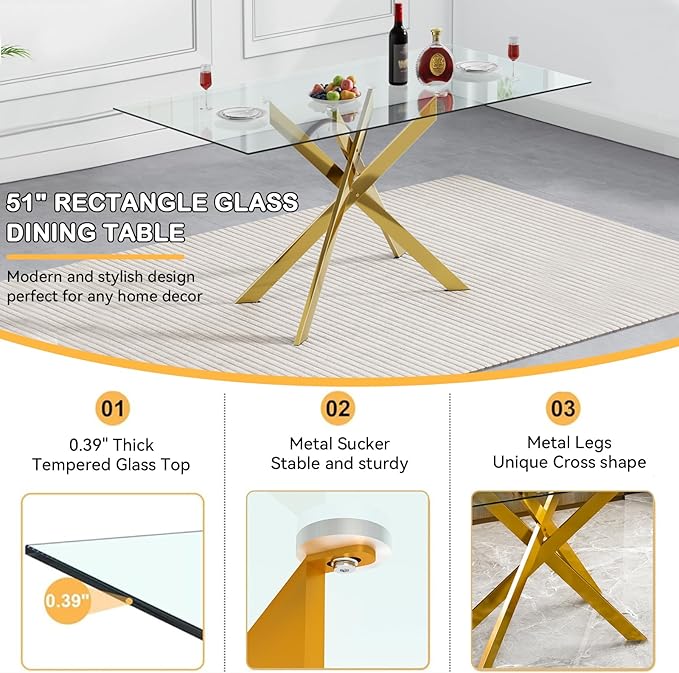 Goujxcy Gold Dining Table Set for 4, Glass Kitchen Table with Chair Set, Modern 51" Rectangle Glass Dining Table and 4 Black PU Leather Chairs with Metal Frame for Kitchen Dining Room