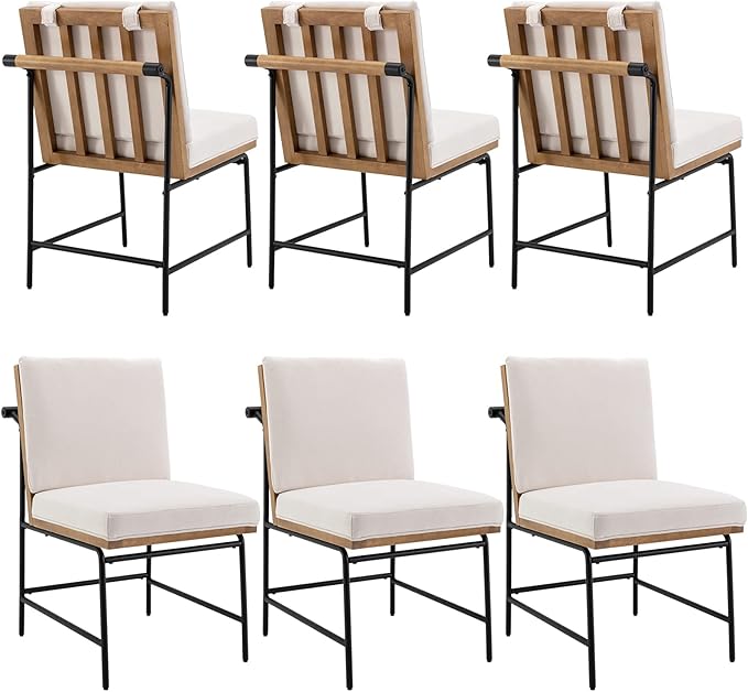 DUOMAY Mid-Century Modern Dining Chairs Set of 6, Linen Upholstered Side Chair with Rear Handle, Armless Chair with Metal Legs for Kitchen Dining Room Living Room Vanity, White
