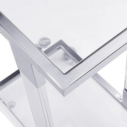 Goujxcy Clear Sofa Side Table C Shaped End Table with Wheels, Rolling Acrylic Bedside Laptop Snack Table TV Tray, Mobile Breakfast Tray Table with Tempered Glass Shelves and Clear Acrylic Frame