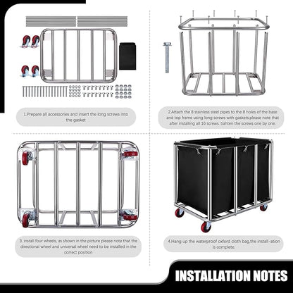 Commercial Laundry Cart with Wheels, 11.35 Bushel Large Laundry Tumbler with Removable Waterproof Canvas Lined Basket, Heavy Duty Stainless Steel Laundry Basket for Hotels and Hospitals