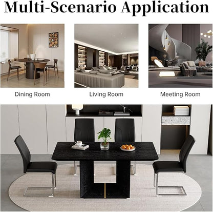 63" Modern Black Dining Table Set for 6 with Chairs, 7 Piece Rectangular Dining Room Table and 6 PU Leather Chairs, Kitchen Dining Set with Matte Wood Finish, Geometric Base, Easy Assembly