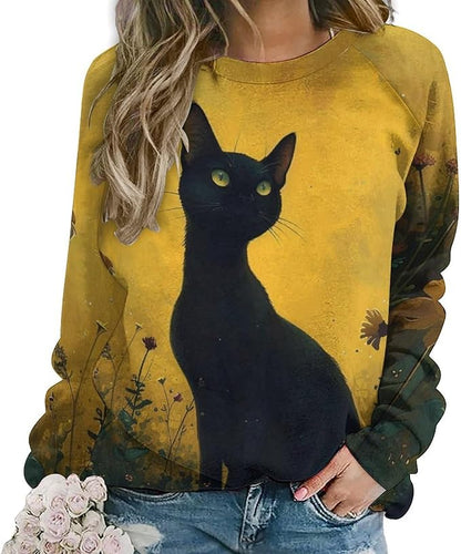 Long Sleeve Shirts for Women Cat Oil Painting Shirt 3D Graphic Sweatshirts Fall Pullover Crewneck Vintage Boho Tops