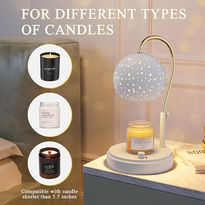 Candle Warmer Lamp with Timer, Candle Warmer Lamp Adjustable Height with 2 Bulbs, Dimmable Electric Candle Warming Lamp for Scented Jar Candles, White