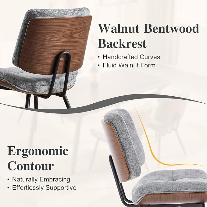 Dining Chairs Set of 6,Mid Century Modern Kitchen Chairs with Walnut Bentwood Back and Metal Legs,Upholstered Fabric Dining Room Chairs for Kitchen, Living Room,Grey
